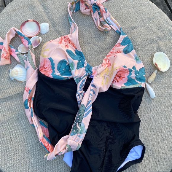 Black and Peach Floral Cross Over One Piece Swimsuit with ties - Picture 2 of 13